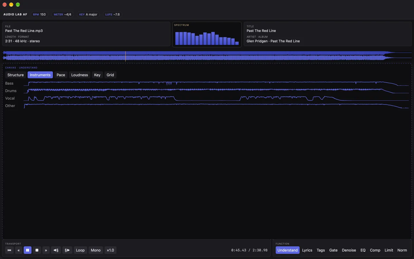 Understand view showing tempo, key and instruments