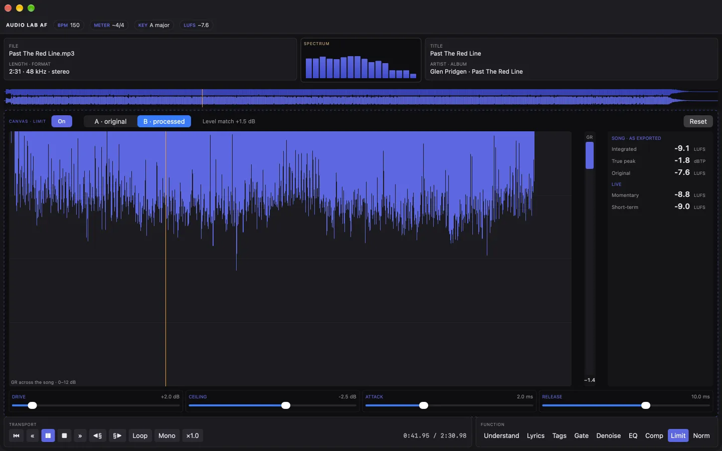Limiter with LUFS and true peak readouts